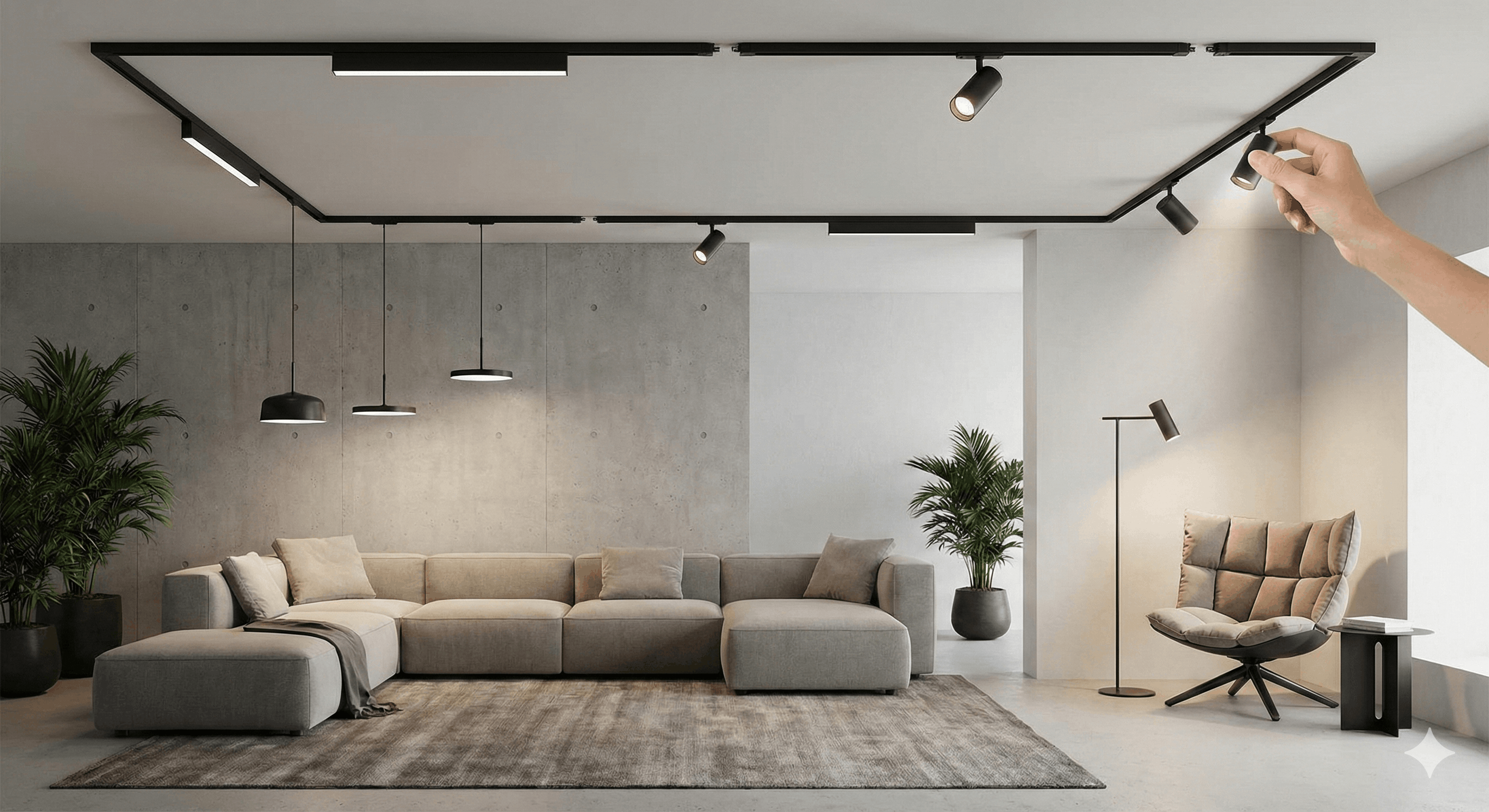 Магнітний шинопровід з різними типами світильників Lumiart